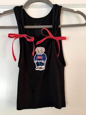 DIY Cropped Tank w/ Teddy Bear Flag Patch & Red Ribbon M